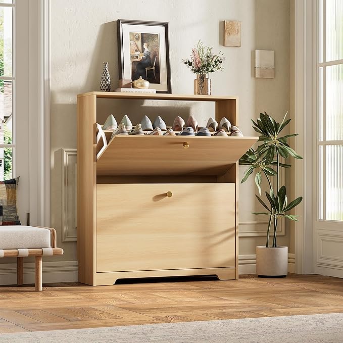 Nicetree Shoe Storage Cabinet with 2 Flip Drawers, Slim Shoe Cabinet, Hidden Shoe Rack Cabinet, Shoe Storage Cabinet for Entryway, Hallway, Foyer, Natural Oak