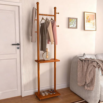 Coat Rack Freestanding Solid Wood Clothing Rack with Wheels & 2 Storage Shelves & 5 Hooks,Rotary Heavy Duty Wood Coat Tree Stand Hat Hanger Rack for Entryway Bedroom Living Room Corner(Walnut)