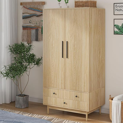 Armoire Wardrobe Closet with 2 Fluted Doors,64.96" Wooden Clothes Storage Cabinet with Hanging Rod and Shelf Storage,Wardrobe Cabinet with 3 Drawers,Freestanding Closet for Bedroom (Natural)