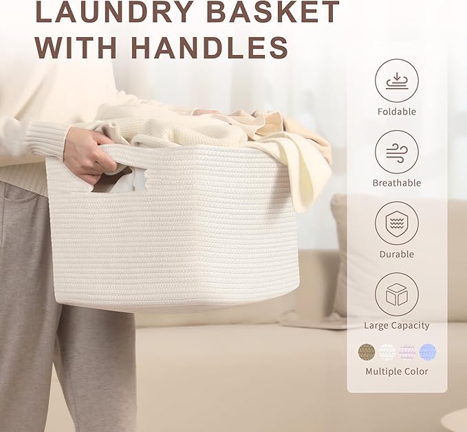 SunNewt 45L Small Baby Girls Laundry Basket for Nursery Storage,Cute Woven cotton Rope Baskets for Kids Toy，Gifts,Boho Square Wicker Blanket hamper for Living Room,Bedroom Dirty Clothes, White