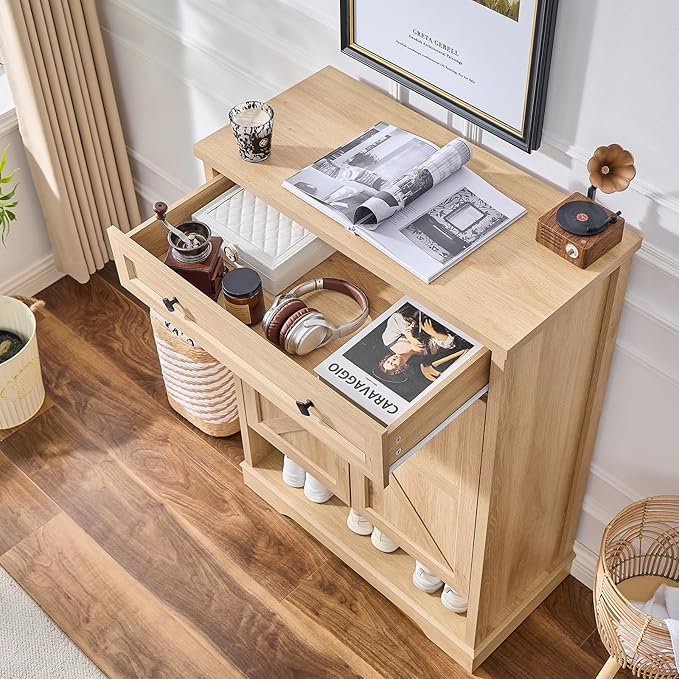 SOOWERY Shoe Cabinet with Drawer, Farmhouse Shoe Storage Cabinet with Doors, 5 Tiers Narrow Shoe Organizer for Entryway, Foyer, Hallway, Natural Oak