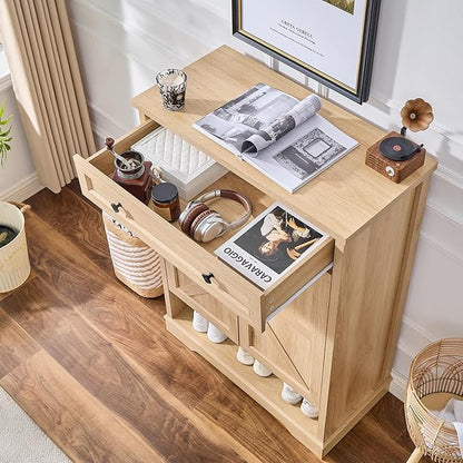 SOOWERY Shoe Cabinet with Drawer, Farmhouse Shoe Storage Cabinet with Doors, 5 Tiers Narrow Shoe Organizer for Entryway, Foyer, Hallway, Natural Oak