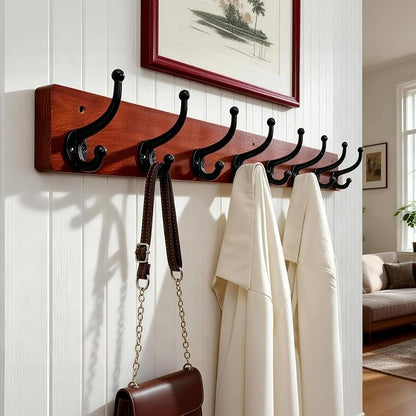 WEBI Rustic Coat Rack Wall Mount,35.43" Long 8 Cast Iron Coat Hooks Wall Mounted,Heavy Duty Wood Wall Coat Hanger Hooks for Hanging Coats,Jacket,Clothes,Backpack,Farmhouse,Cherry,2 Packs