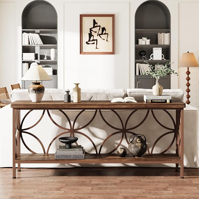 Tribesigns 70.9-Inch Narrow Sofa Table, 2-Tier Industrial Console Table Behind Couch, Long Entry Tables with Storage for Entryway, Living Room, Foyer, Hallway, Glossy Brown