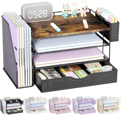 gianotter Wood Desk Organizers and Accessories with File Sorters, 4-Tier Desk Accessories & Workspace Organizers with Drawer and Pen Holder, Desk Reference Organizer (Wood, 4T with Drawer)