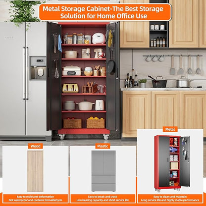 Garage Storage Cabinet with Wheels and Pegboard, 71" H x 32" W x 16" D Lockable Metal Storage Cabinet with 5 Adjustable Shelves and 2 Doors for Garage Home, Assembly Required, Black and Red