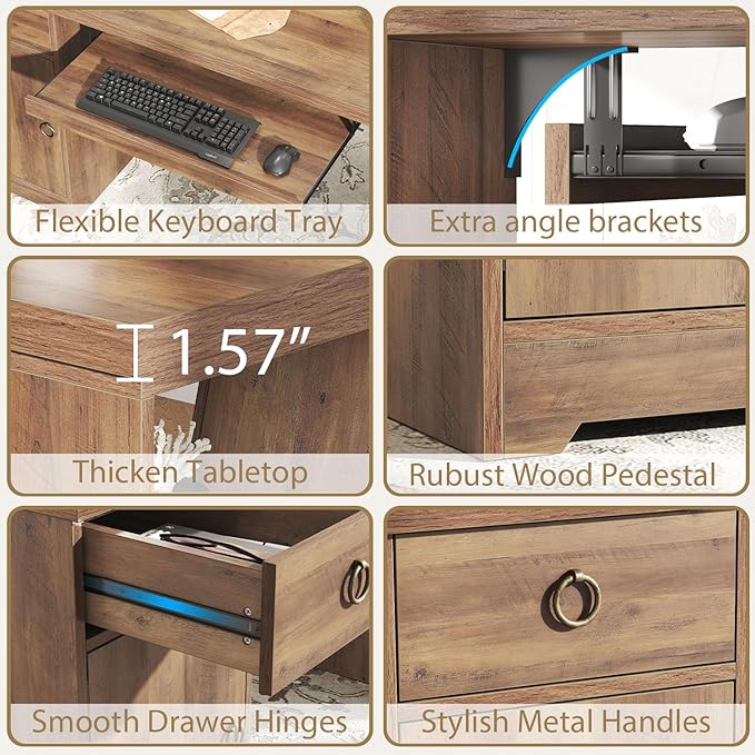 HSH 55 Inch Executive Office Desk with Drawers, Farmhouse Computer Desk with Keyboard Tray and Storage, Rustic Wood Work Study Writing Pc Table Studio Desks Home Workstation with Shelves and Cabinet
