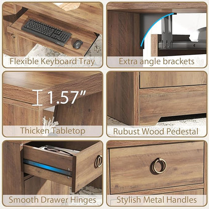 HSH 55 Inch Executive Office Desk with Drawers, Farmhouse Computer Desk with Keyboard Tray and Storage, Rustic Wood Work Study Writing Pc Table Studio Desks Home Workstation with Shelves and Cabinet