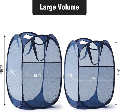 TECHMILLY Upgraded 105L Collapsible Mesh Pop Up Laundry Hamper with Sturdy Handles and Side Pocket - Portable Foldable Clothes Baskets for Dorm, Bathroom & Travel Storage (Blue Plus)