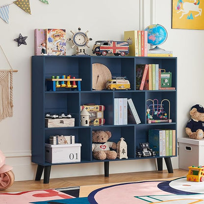 LEYAOYAO 10 Cube Bookshelf, 3 Tier Vintage 55" Wide Bookcase with Legs, Mid-Century Wood Bookshelves Storage, Dark Blue Large Book Case, Freestanding Organizer Display Shelf for Living Room, Office