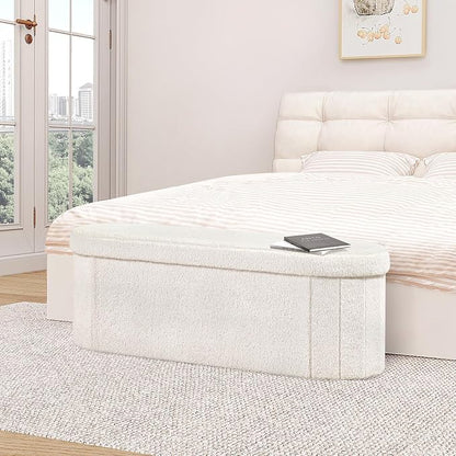 B FSOBEIIALEO Ottoman with Storage for Living Room, Sherpa Folding Storage Ottoman Foot Rest, 43.3 Inches Collapsible Bedroom Bench White Cream