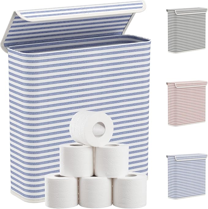 Lifewit 29L Toilet Paper Storage Holder for 12 to 16 Rolls, Foldable Fabric Toilet Paper Basket with Lid, Freestanding Bathroom Tissue Storage and Organization for TP, Towels and Toiletries, Dark Blue