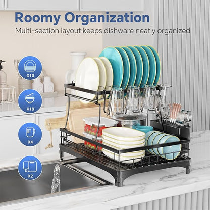 Simple Trending Dish Rack, Stainless Steel Dish Drying Rack for Kitchen Counter, Large Capacity 2-Tier Dish Drainer Organizer with Utensil Holder, Black