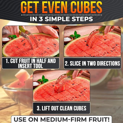 2-in-1 Watermelon Cutter Slicer Tool – Create Clean 1" Cubes & Slices with Watermelon Slicer for Cutting & Serving – Stainless Steel Fruit Cutter for 4th of July BBQ, Picnic, Camping & Snack Prep