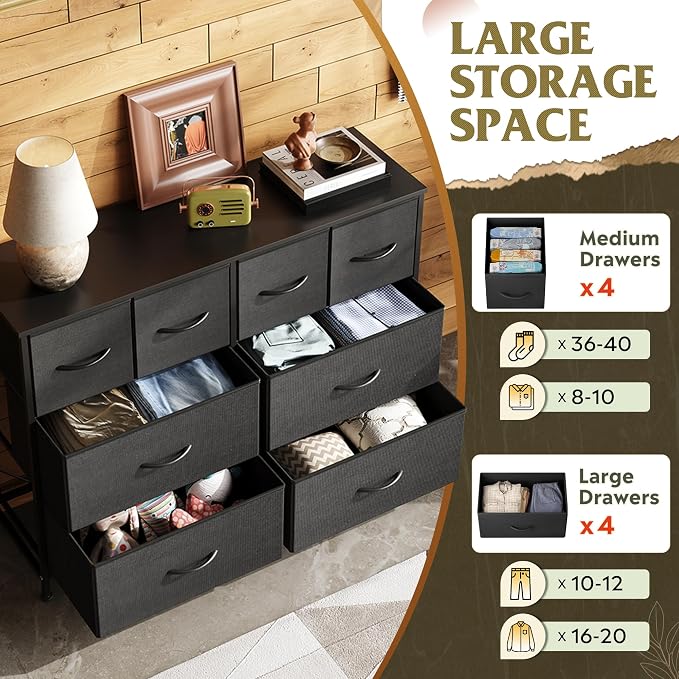 WLIVE Dresser for Bedroom with 8 Drawers, Wide Fabric Dresser for Storage and Organization, Bedroom Dressers, Chest of Drawers for Living Room, Closet, Hallway, Black