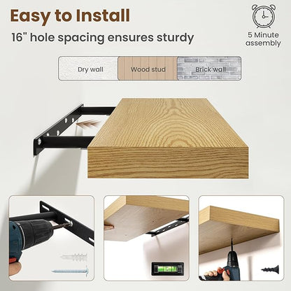 30 Inch Floating Shelves for Wall, 8 Inch Deep Floating Shelf for Storage & Display, Rustic Wall Mounted Shelf with Invisible Brackets for Living Room, Kitchen, Bathroom, Home Decor, Set of 2, Oak