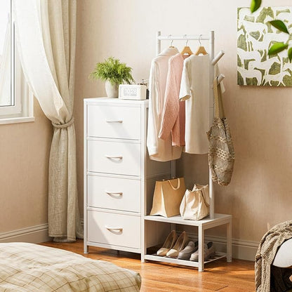 KKL Small Dresser for Bedroom with Clothes Hanging Rack, Reversible Bedroom Dresser with Shoe Rack & 4 Fabric Drawers, 3-in-1 Storage Chest of Drawers with Storage Shelves & Tree Hooks, White