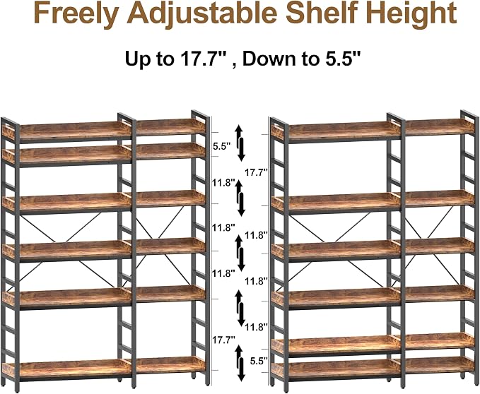 HCHQHS Adjustable Book Shelf with 8 Hooks, Reversible Corner Bookshelf, Industrial Wooden and Metal Bookcase for Living Room, Bedroom, Home Office (Rustic Brown, 6 Tier)