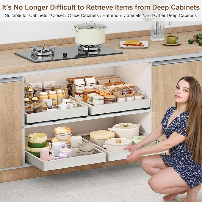 Pull out Cabinet Organizer,Width (11"-16") and Depth (17"-24") Expandable With 3 Rails,No Drill Adjustable Slide out Drawers for Kitchen,Pantry,Adhesive Roll out Shelves,for Cabinets Without Lip,White