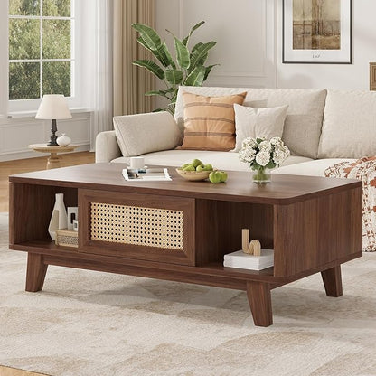 Soohow Coffee Table, Mid Century Living Room Tables with Storage, Modern Square with Rattan Drawer, Wooden Living Room Table with Solid Wood Leg