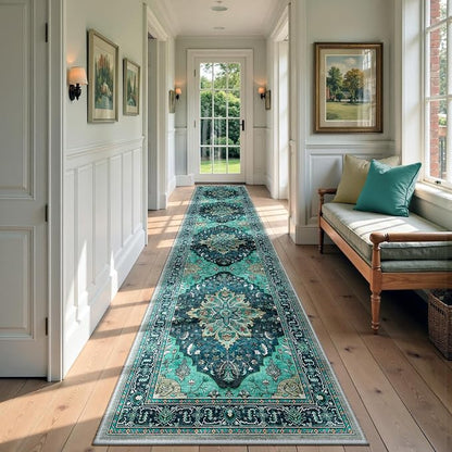 RELEANY Area Rugs Runner 2'6"x10' Washable Non-Slip, Floral Vintage Distress Medallion Carpet for Kitchen Hallway Bedroom Beside Laundry Room Bathroom, Teal Green Lake Blue Turquoise