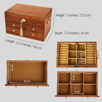 Wooden Jewelry Box with Lock and Key for Women, 2 Drawers Medium Size Real Natural Wood Lockable Antique Organizer with Large Storage, Ring Compartments, Built in Necklace Hooks