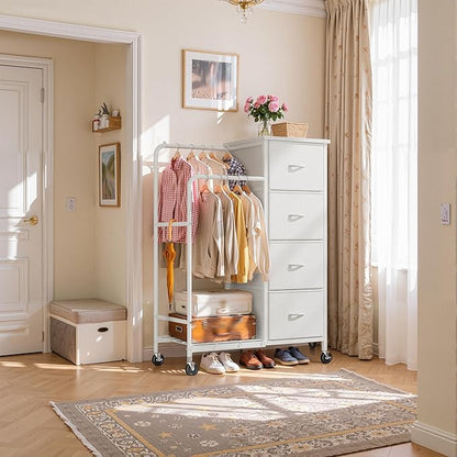 47.3" H Dresser with Hanging Rack, 4 Fabric Drawers with Double Clothes Rack & Wheels, Tall Closet Organizer Dresser for Bedroom, Entryway, White, 15.8" D x 29.9" W x 47.3" H