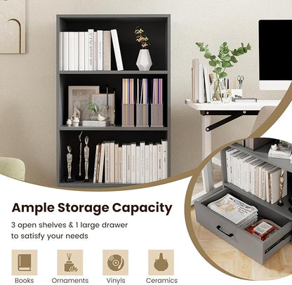 Tangkula 3 Tier Bookcase with Drawer, 42.5”Tall Freestanding Bookshelf with 3 Open Shelves & 1 Drawer, Anti-toppling Devices, Modern Display Storage Organizer for Home Office (Grey, 42.5" H)