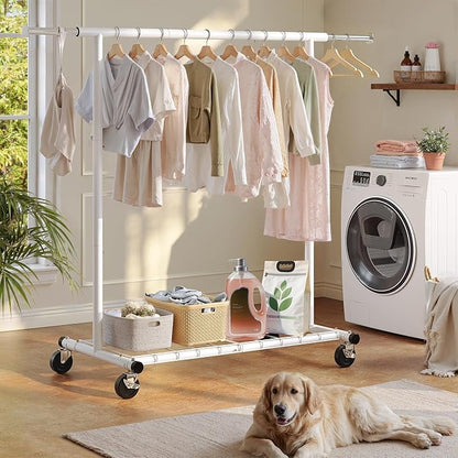 Raybee Clothing Rack for Hanging Clothes, Rolling Clothes Rack Load 250LBS, Metal Clothes Racks, Clothing Rack with Wheels Portable, White