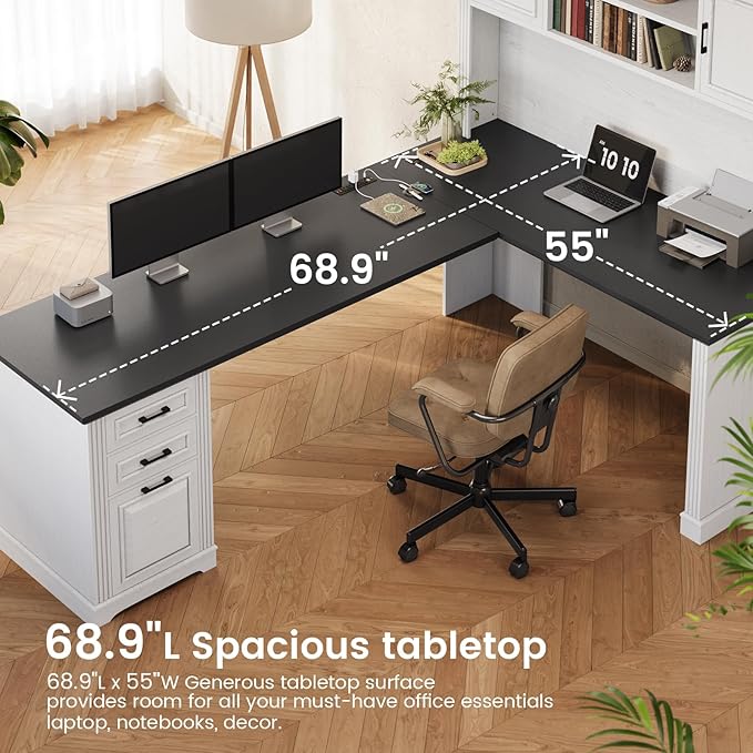 Itaar Farmhouse Executive L Shaped Desk, Home Office Desk with File Drawer and Power Outlet, Computer Corner Desk with Hutch and Drawer, Workstation for Office Home, White