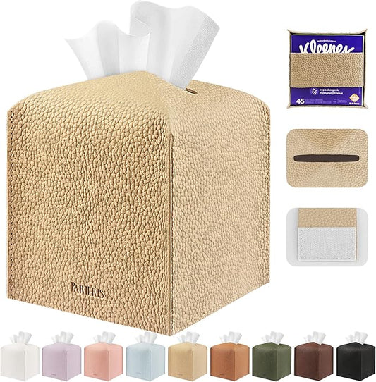 Tissue Box Cover Holder Square Tissue Cube Cover PU Leather Tissue Organizer with Bottom Belt for Bathroom, Tabletop, Car, Night Stands, Office, Home, Kitchen (1, SoftBeige)