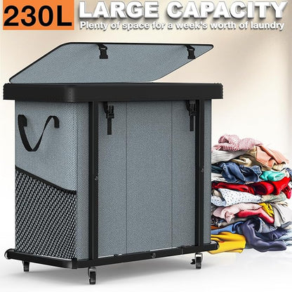 230L (60 Gal) Large Fashion Laundry Basket with Wheels, Leather Patchwork Laundry Sorter 3 Section, Sturdy Metal Frame, Removable Washable Bag, Tall Clothes Sorter for Bedroom - Gray
