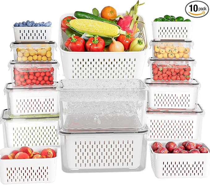 KEMETHY 10 Pack Fruit Storage Containers for Fridge with Removable Colanders - Food Storage Containers with Lids, BPA-Free Produce Containers Keep Fruits, Vegetables, Berry, Meat Fresh Longer