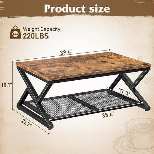 EnHomee Rustic Coffee Table with Storage, Farmhouse Coffee Table with Mesh Shelf, 2 Tier Rectangular Center Table for Living Room, Home Office, 39.4 Inch, Rustic Brown