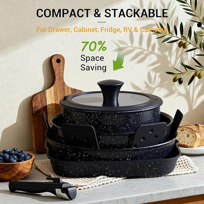 Ammeloo 21 Pcs Pots and Pans Set Non Stick with Detachable Handle & Grill Pan, Induction Ceramic Cookware Set, Non Toxic Kitchen Pots and Pans Set for RVs,Camping, Oven/Dishwasher Safe, Black