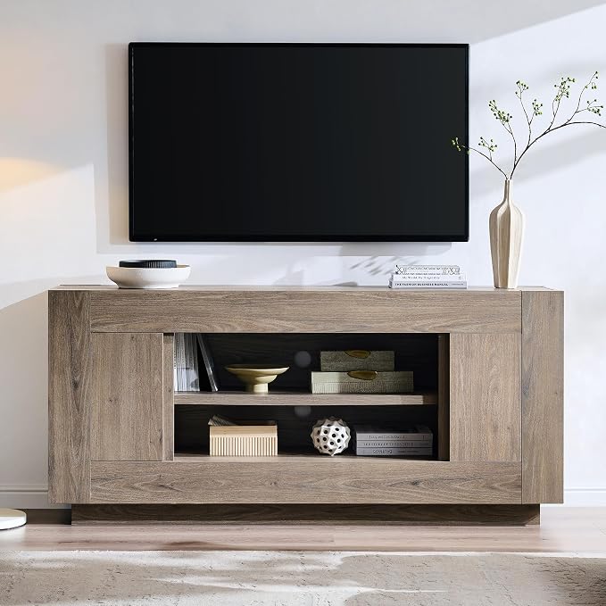 OKD Modern 70" TV Stand, Entertainment Center for TVs Up to 80", Media Console with Large Open Storage & Side Cabinets, Thick Wood Design for Living Room, Alder Grey