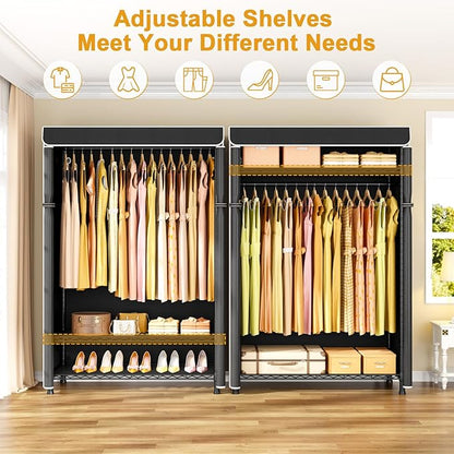 H5C Plus Clothes Rack with Cover, Portable Closet for Hanging Clothes, Covered Clothing Racks Heavy Duty, 3-Tiers Garment Rack with Shelves Max Load 370LBS Black Closet Rack with Black Cover
