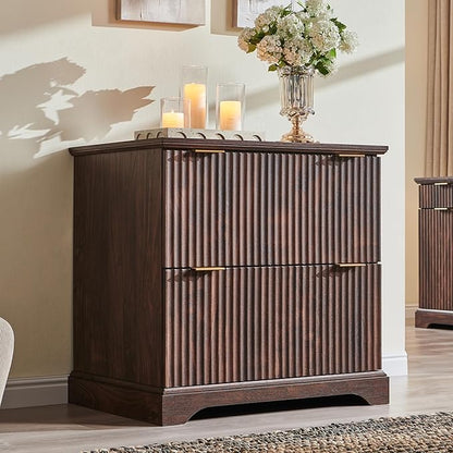JXQTLINGMU 2 Drawer File Cabinet with Charging Station, 30" Fluted Lateral File Cabinet w/Files Hanging Rod for Letter/Legal/A4, Large Tabletop for Printer, Office Wood Printer Cabinets, Dark Walnut
