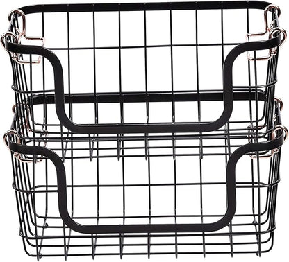 Amazon Basics Stackable Metal Wire Rectangular Storage Basket Set for Kitchen or Bathroom, 2 Count, Black