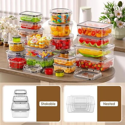 KEMETHY 60 PCS Food Storage Containers with Lids Airtight, Total 737oz, BPA-free, Food-grade, Eco-friendly Material, Leak Proof Plastic Containers, Microwave/Dishwasher Safe