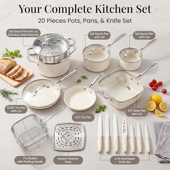 Gotham Steel 20pcs Pots and Pans Set Non Stick Ceramic Cookware Set with Deep Frying Pan Set & 6pc Knife Set, Made without PFOA PFOS, Lasts 2x Longer, Oven & Dishwasher Safe