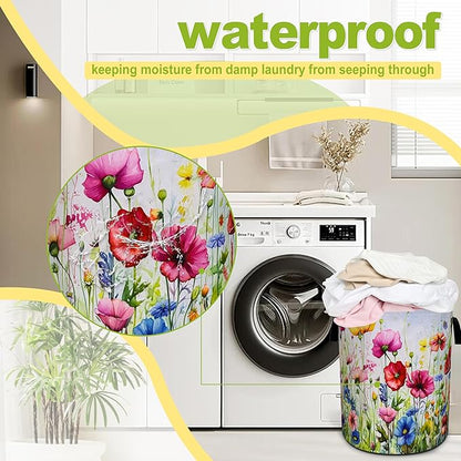 Colorful Flowers Laundry Basket Boho Floral Print Foldable Waterproof Oxford Cloth Funny Tote Bag Laundry Hamper Clothes Storage Bucket Toy Organizer For Bathroom/Laundry Storage/Bedroom 18.9x16.5 In