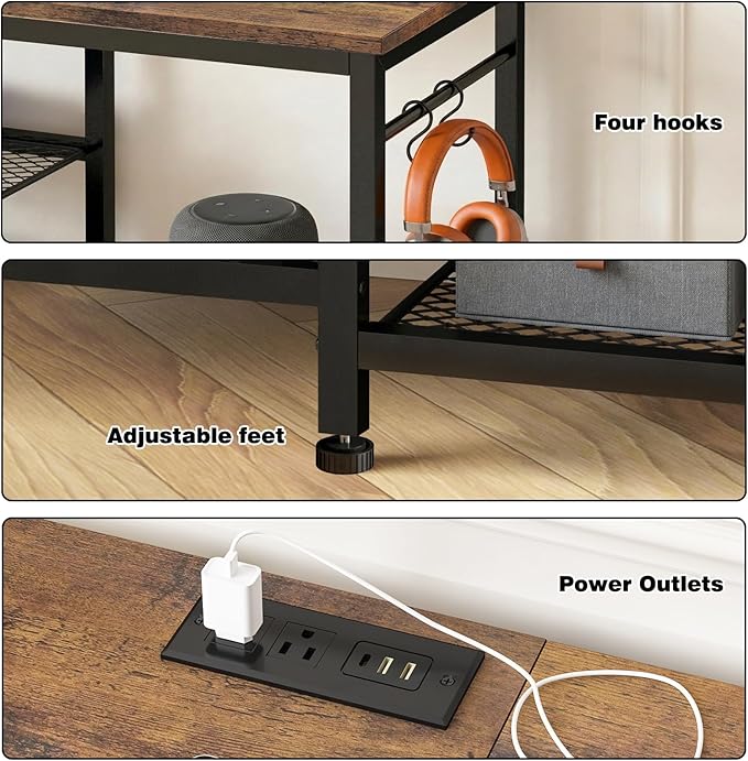 YGEOMER TV Stand for Up to 65 Inch TVs, Entertainment Center with Power Outlet and Open Storage Shelves, TV Media Console Table for Living Room and Bedroom, Rustic Brown