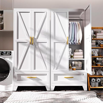 Metal Armoire Wardrobe Closet,71" Tall White Storage Cabinet with Hanging Rod,1 Drawers & 1 Adjustable Shelves,Heavy-Duty Steel Wardrobe for Bedroom, Garage, and Office