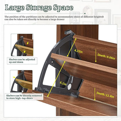 Fluted Shoe Cabinet Storage for Entryway,Slim Shoe Cabinet with 2 Flip Drawers, Narrow Shoes Rack Organizer (All Walnut, 2 Drawers)