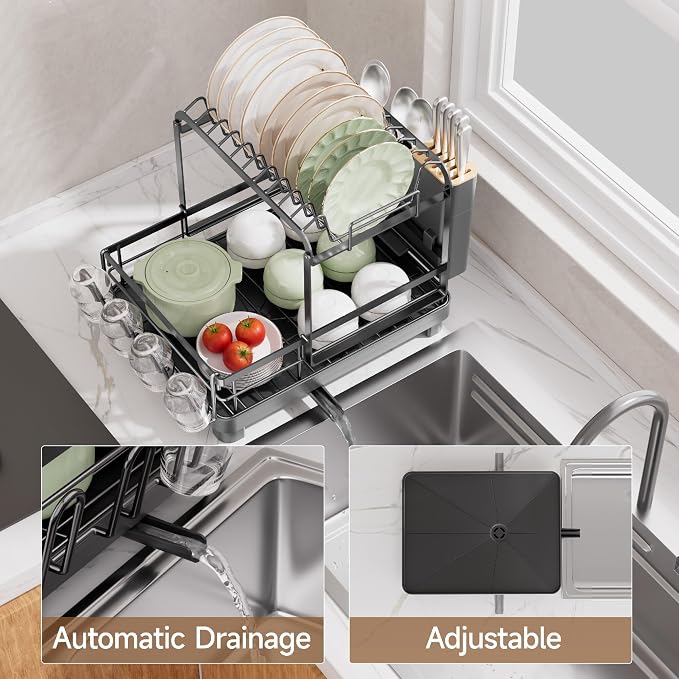 Runnatal 2-Tier Dish Drying Rack, Large Dish Rack with Drainboard Set, Detachable 4-in-1 Large Capacity Dish Drainer Over The Sink Anti-Rust for Kitchen Counter, Black