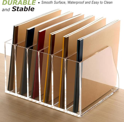 SANRUI Acrylic Desk File Organizer, 6 Vertical Compartments Clear Magazine File Holder Workspace Sorters, Folder Rack for Office Accessories Organization Storage