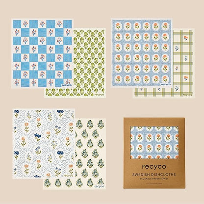 RECYCO Swedish Dishcloths for Kitchen | 6 Packs Bloom Tiles Washable Dish Rags | Cellulose Reusable Cleaning Paper Towels | Absorbent Counter Dish Cloth Sponge Kitchen Wipes, 8" L x 7" W