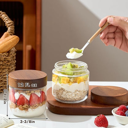 Danmu 12 oz Overnight Oats Containers with Lids,Glass Jars with Lids 4 Pack | Wooden Lid,Mason Jars 12 oz with Lids,Meal Prep,Yogurt,Leak-proof,Dishwasher Safe(remove lids),Fridge Safe,Portable