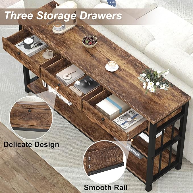 HSH Entryway Table with 3 Drawers, 55” Rustic Sofa Table with Storage Shelves, 3 Tier Console Table Behind Couch for Living Room, Farmhouse Wood Metal Entry Hallway Table for Entrance, Brown, 55 inch